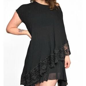 Black Pleated Asymmetrical Shawl Lace Trim Size L Floral Off The Shoulder